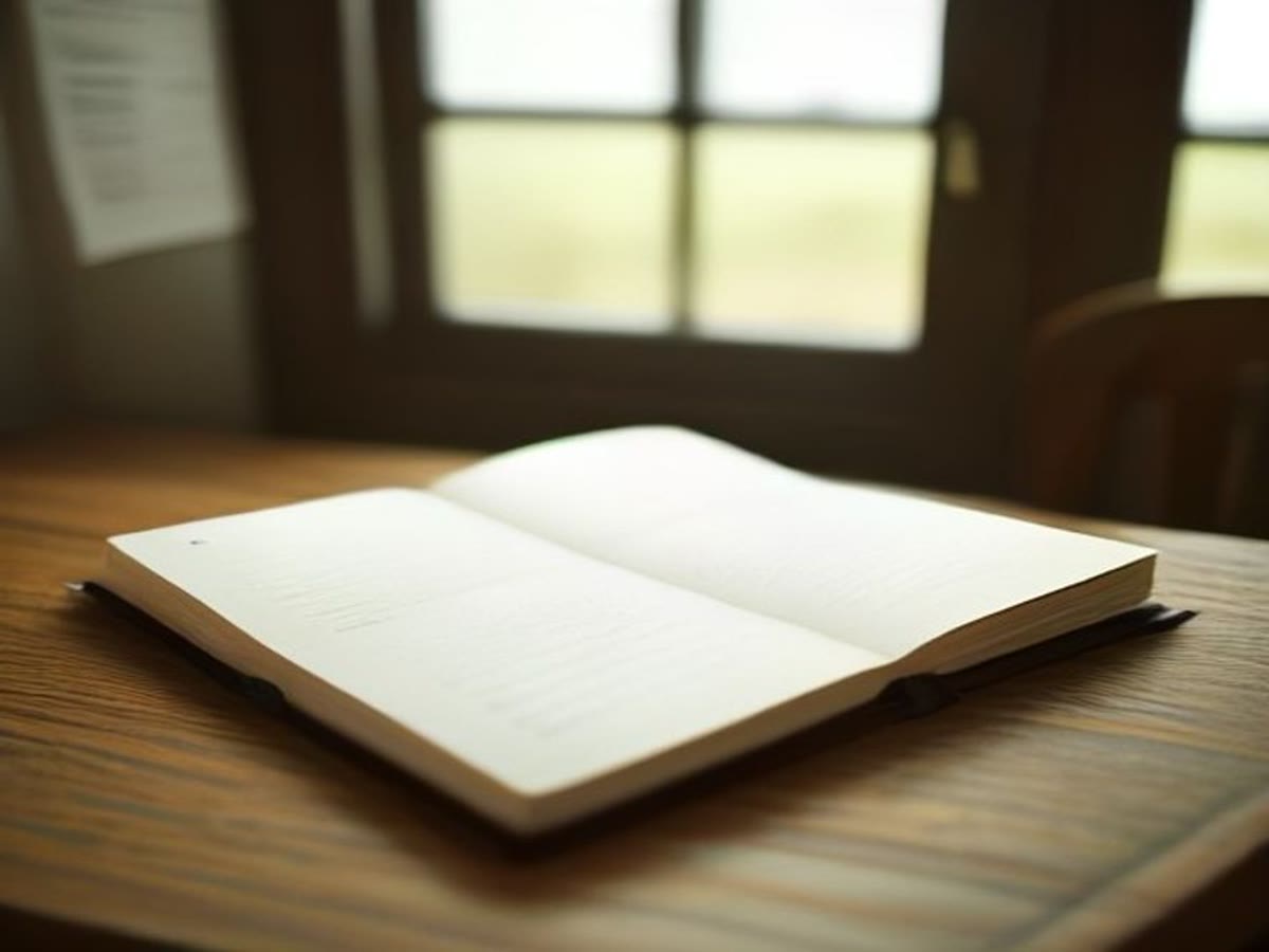 An open notebook, pencil, and papers on a wooden table